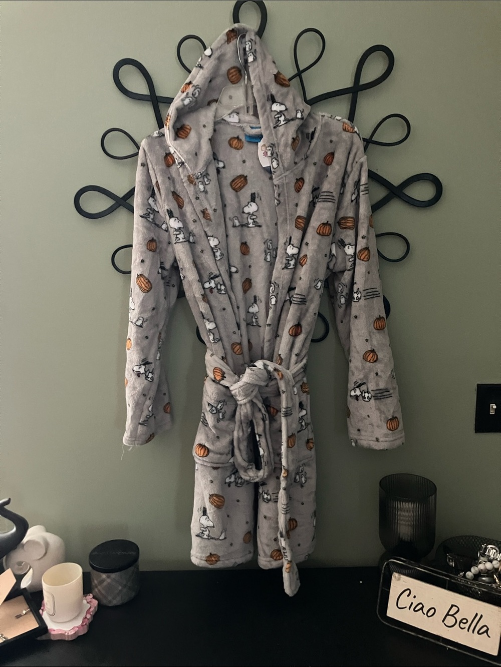 Berkshire Gray Hooded Robe with Pumpkin & Snoopy Motif